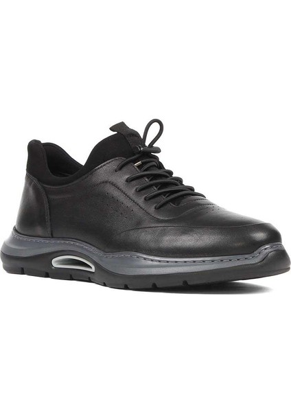 Erkek Siyah Bağcıklı Kalın Tabanlı Deri Sneaker