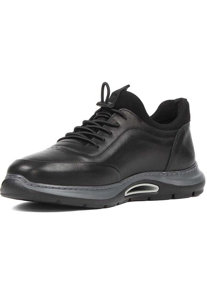 Erkek Siyah Bağcıklı Kalın Tabanlı Deri Sneaker
