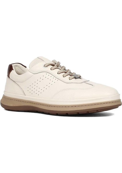 Erkek Bej Bağcıklı Deri Sneaker