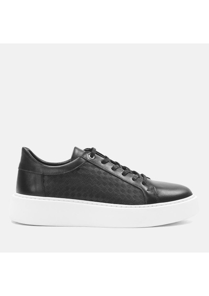 Erkek Siyah Bağcıklı Kalın Tabanlı Deri Sneaker