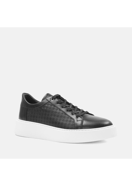 Erkek Siyah Bağcıklı Kalın Tabanlı Deri Sneaker