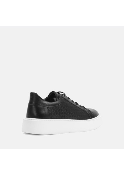 Erkek Siyah Bağcıklı Kalın Tabanlı Deri Sneaker