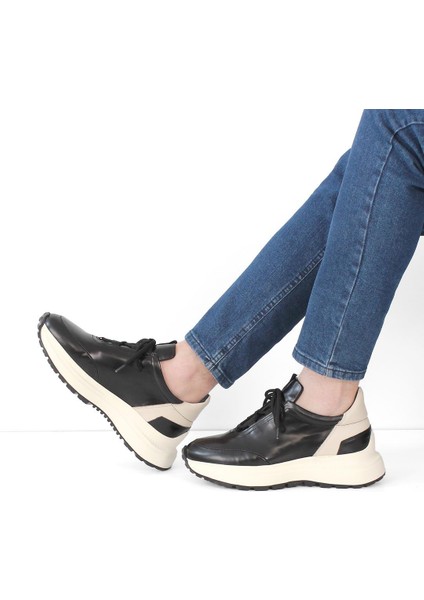 Erkek Siyah Bağcıklı Kalın Tabanlı Açma Deri Sneaker