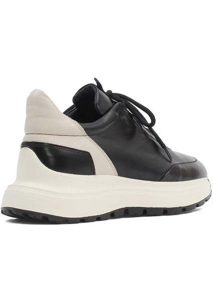 Erkek Siyah Bağcıklı Kalın Tabanlı Açma Deri Sneaker