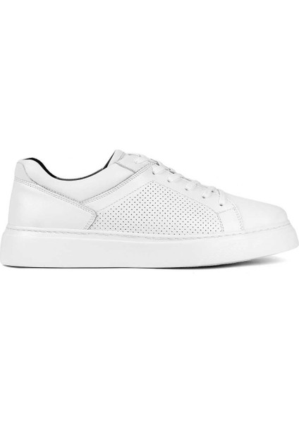Erkek Beyaz Bağcıklı Kalın Tabanlı Deri Sneaker