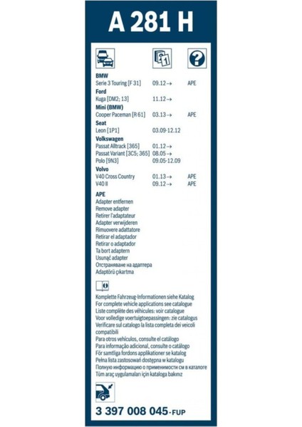 Silecek Süpürgesi Arka 280MM Kuga 2012- Leon 2005- V40 3397008045