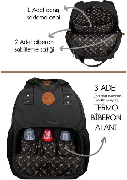 Popi Anne Bebek Bakım ve Sırt Çantası – Termal Biberon Bölmeli Geniş Hacimli ( Sıyah )