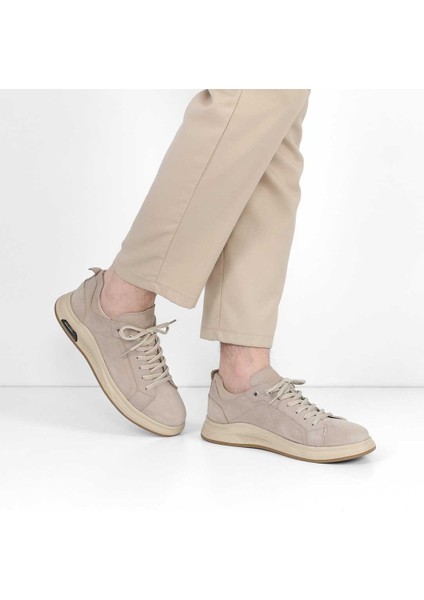 Erkek Bej Bağcıklı Kalın Tabanlı Nubuk Deri Sneaker
