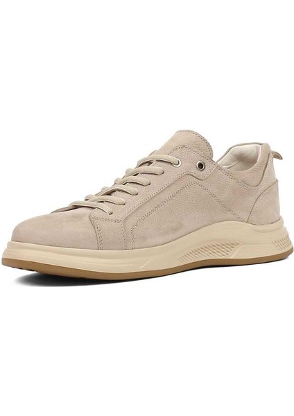 Erkek Bej Bağcıklı Kalın Tabanlı Nubuk Deri Sneaker