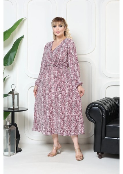 Bürümcük Elbise Belden Oturtma Lastikli Yazlık Desenli 2xl - 5xl Çıtır Leopar Bordo