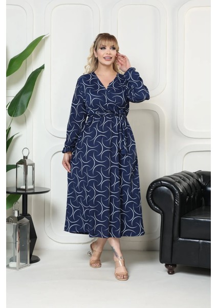 Bürümcük Elbise Belden Oturtma Lastikli Yazlık Desenli 2xl - 5xl Lacivert Geometri