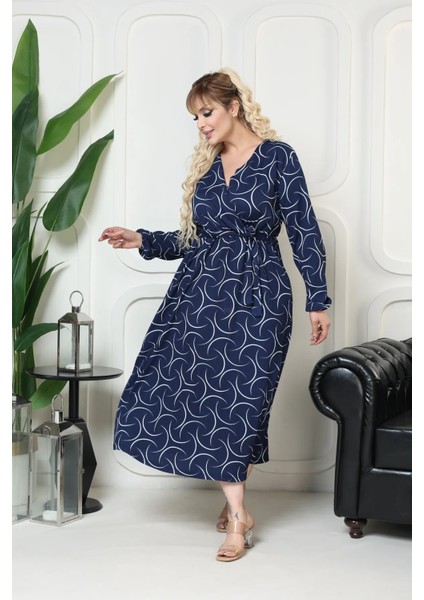 Bürümcük Elbise Belden Oturtma Lastikli Yazlık Desenli 2xl - 5xl Lacivert Geometri modelleri