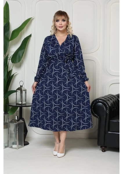 Bürümcük Elbise Belden Oturtma Lastikli Yazlık Desenli 2xl - 5xl Lacivert Geometri fırsatları
