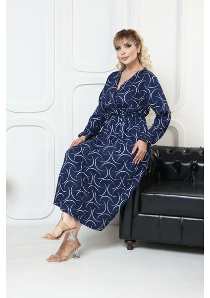 Bürümcük Elbise Belden Oturtma Lastikli Yazlık Desenli 2xl - 5xl Lacivert Geometri indirimleri