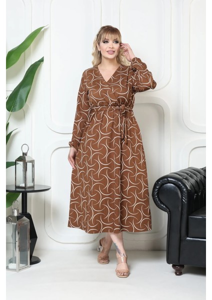 Bürümcük Elbise Belden Oturtma Lastikli Yazlık Desenli 2xl - 5xl Kahverengi Geometri