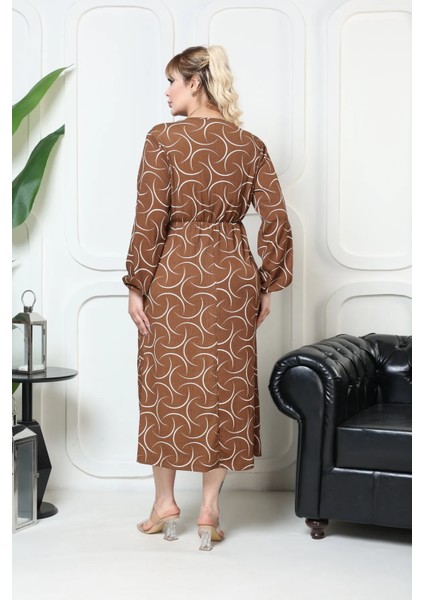Bürümcük Elbise Belden Oturtma Lastikli Yazlık Desenli 2xl - 5xl Kahverengi Geometri