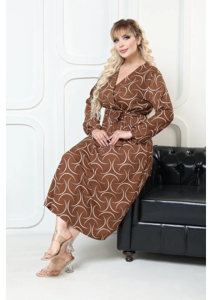 Bürümcük Elbise Belden Oturtma Lastikli Yazlık Desenli 2xl - 5xl Kahverengi Geometri