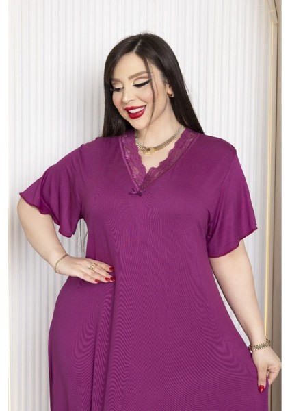 Bambu V Yaka Dantel Detaylı Eteği Kloş Elbise Büyük Beden fırsatları