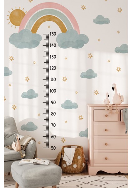 Soft Renklerde Gökkuşağı Güneş Bulut ve Yıldızlar Temalı Boy Ölçer Boy Cetveli Sticker Seti Çocuk fiyatları