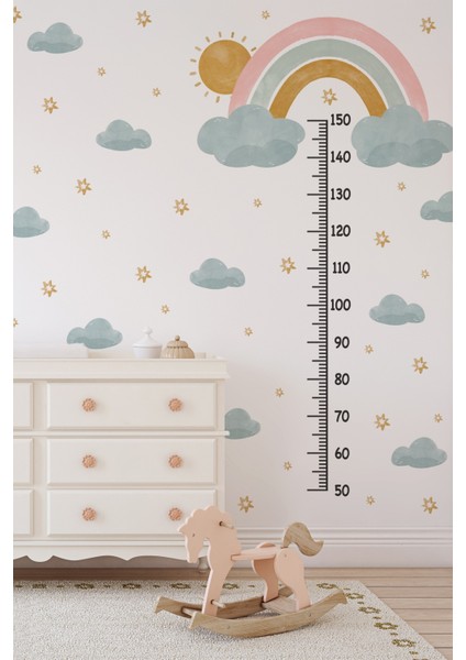 Soft Renklerde Gökkuşağı Güneş Bulut ve Yıldızlar Temalı Boy Ölçer Boy Cetveli Sticker Seti Çocuk modelleri