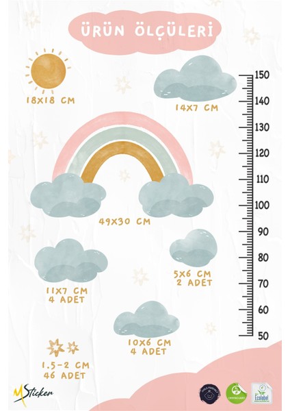 Soft Renklerde Gökkuşağı Güneş Bulut ve Yıldızlar Temalı Boy Ölçer Boy Cetveli Sticker Seti Çocuk fırsatları