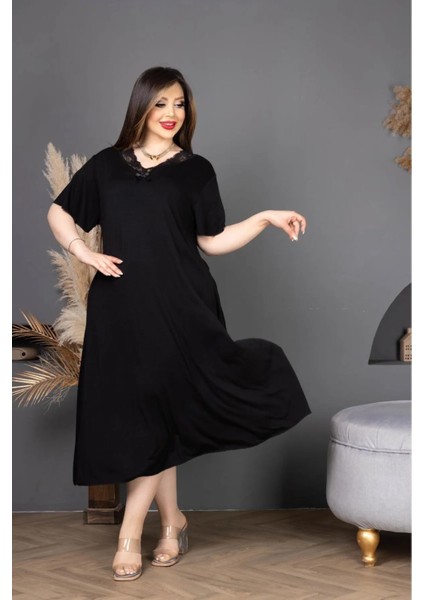 Bambu V Yaka Dantel Detaylı Eteği Kloş Elbise Büyük Beden 6xl