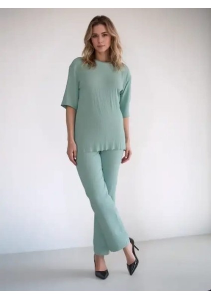 Krinkıl (Kırışık Dokulu) Yırtmaç Detaylı Su Yeşili Dökümlü Kadın Ikili Takım fiyatları