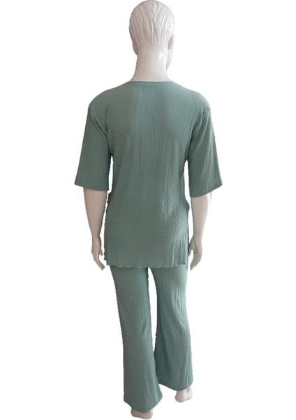 Krinkıl (Kırışık Dokulu) Yırtmaç Detaylı Su Yeşili Dökümlü Kadın Ikili Takım indirimleri