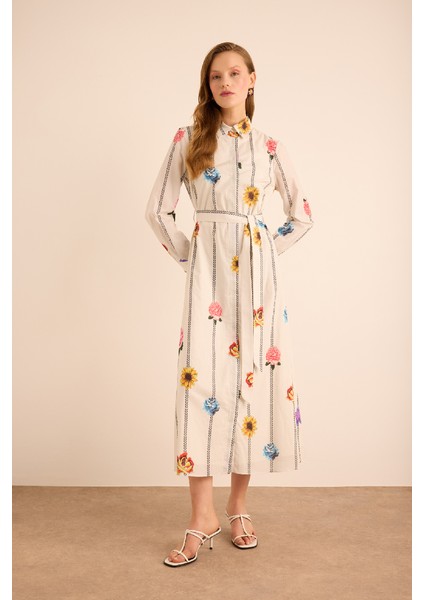 Çicek Desenli Cotton Gömlek Elbise