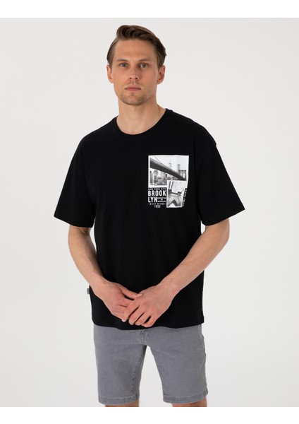 Erkek Siyah Comfort Fit Bisiklet Yaka Tişört 50310144-VR046