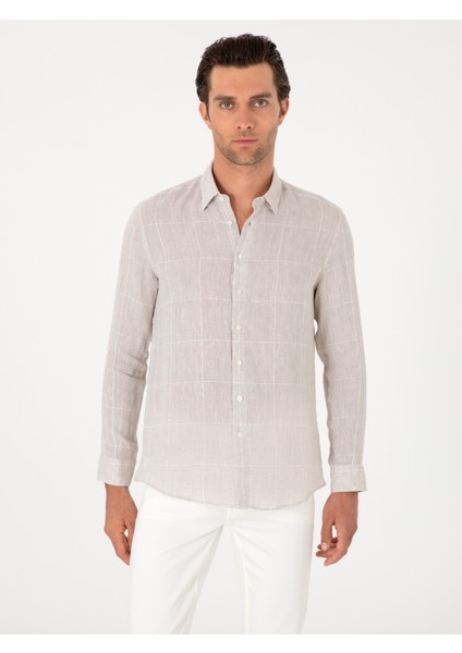 Erkek Bej Regular Fit Kareli %100 Keten Gömlek 50300534-VR011