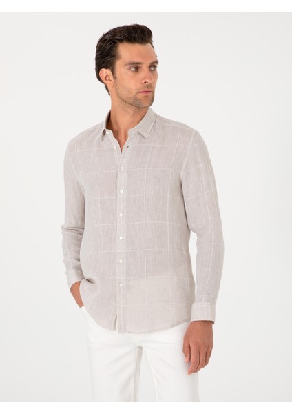 Erkek Bej Regular Fit Kareli %100 Keten Gömlek 50300534-VR011