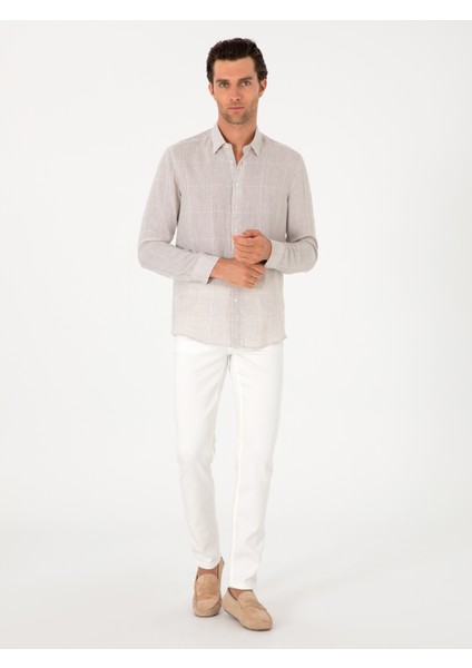 Erkek Bej Regular Fit Kareli %100 Keten Gömlek 50300534-VR011