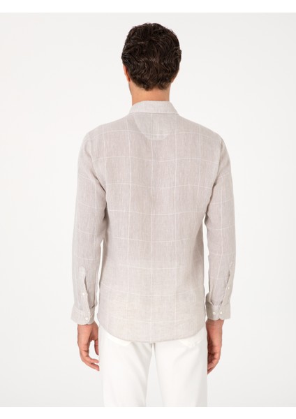 Erkek Bej Regular Fit Kareli %100 Keten Gömlek 50300534-VR011