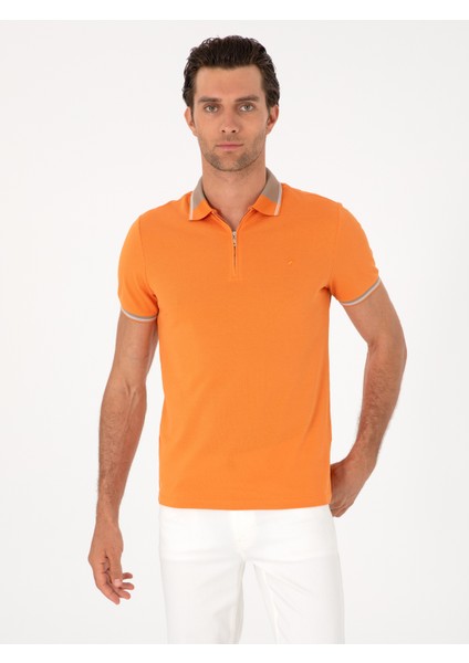 Erkek Turuncu Slim Fit %100 Pamuk Fermuarlı Polo Yaka T-shirt 50301382-VR051