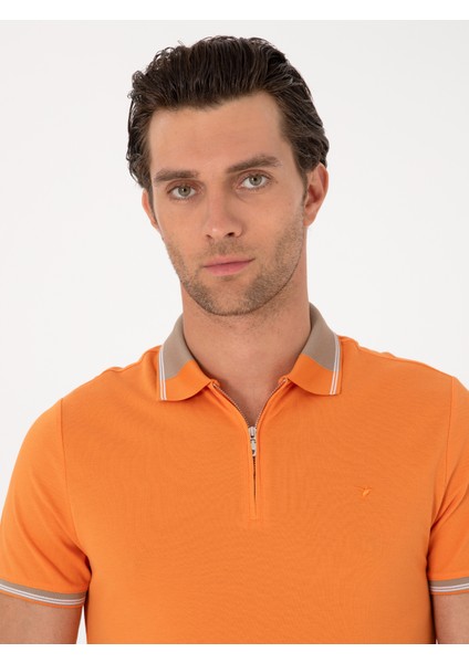 Erkek Turuncu Slim Fit %100 Pamuk Fermuarlı Polo Yaka T-shirt 50301382-VR051