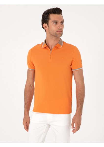 Erkek Turuncu Slim Fit %100 Pamuk Fermuarlı Polo Yaka T-shirt 50301382-VR051