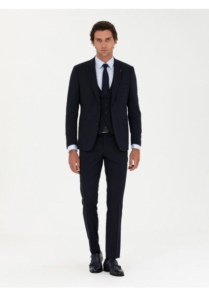Erkek Lacivert Slim Fit Yün Karışımlı Yelekli Takım Elbise 50275634-VR033