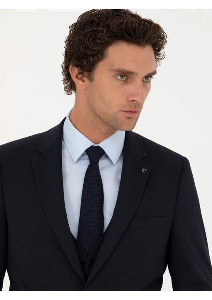 Erkek Lacivert Slim Fit Yün Karışımlı Yelekli Takım Elbise 50275634-VR033 modelleri