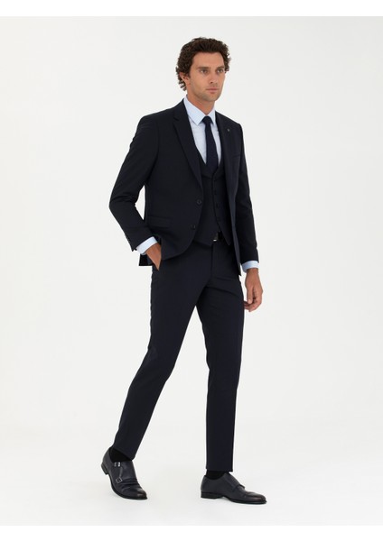 Erkek Lacivert Slim Fit Yün Karışımlı Yelekli Takım Elbise 50275634-VR033 indirimleri