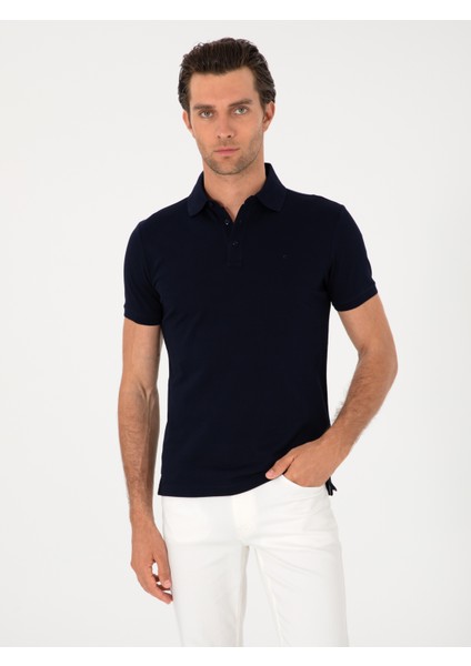 Erkek Lacivert Slim Fit %100 Pamuk Polo Yaka Basic T-shirt 50300934-VR033