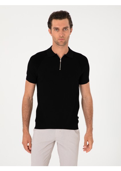 Erkek Siyah Slim Fit Fermuarlı Polo Yaka Triko T-shirt 50300797-VR046