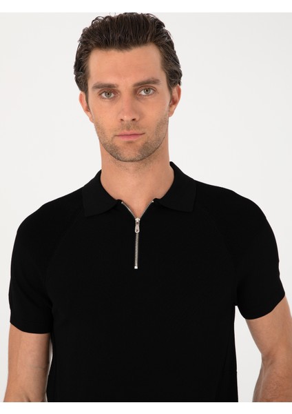 Erkek Siyah Slim Fit Fermuarlı Polo Yaka Triko T-shirt 50300797-VR046 fiyatları
