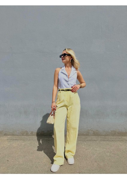 Kadın Keten Kemerli Pantolon Sarı