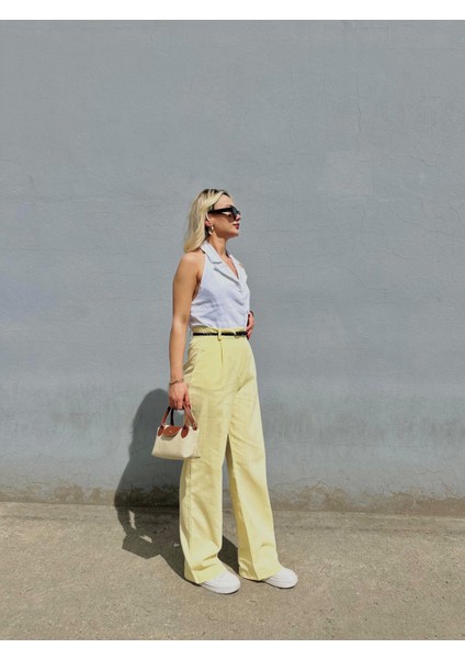 Kadın Keten Kemerli Pantolon Sarı fiyatları