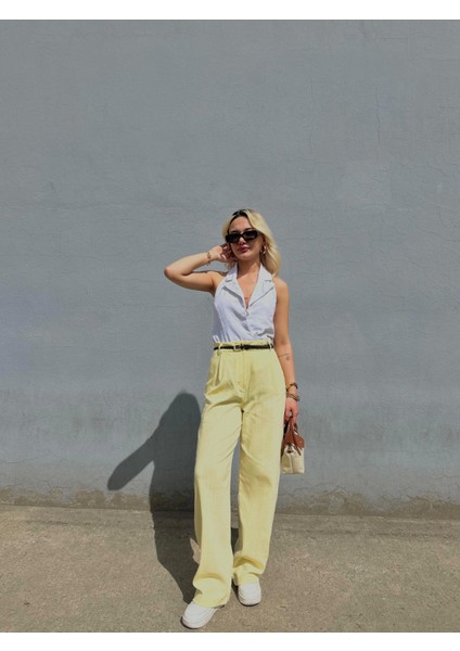 Kadın Keten Kemerli Pantolon Sarı modelleri