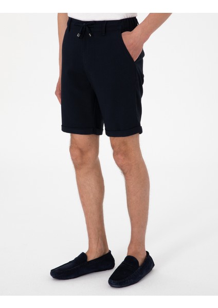 Erkek Lacivert Slim Fit Beli Lastikli Bağcıklı Dokuma Şort 50305677-VR033