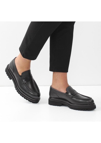 Erkek Siyah Kalın Tabanlı Deri Loafer