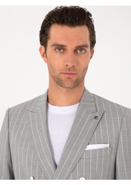Erkek Açık Gri Slim Fit %100 Yün Çizgili Kruvaze Takım Elbise 50306346-VR001 fiyatları