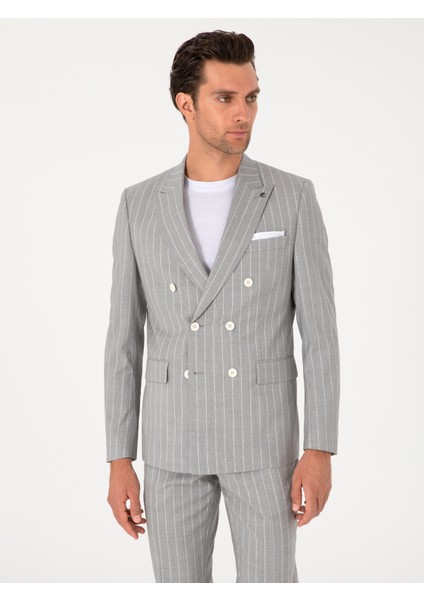 Erkek Açık Gri Slim Fit %100 Yün Çizgili Kruvaze Takım Elbise 50306346-VR001 modelleri